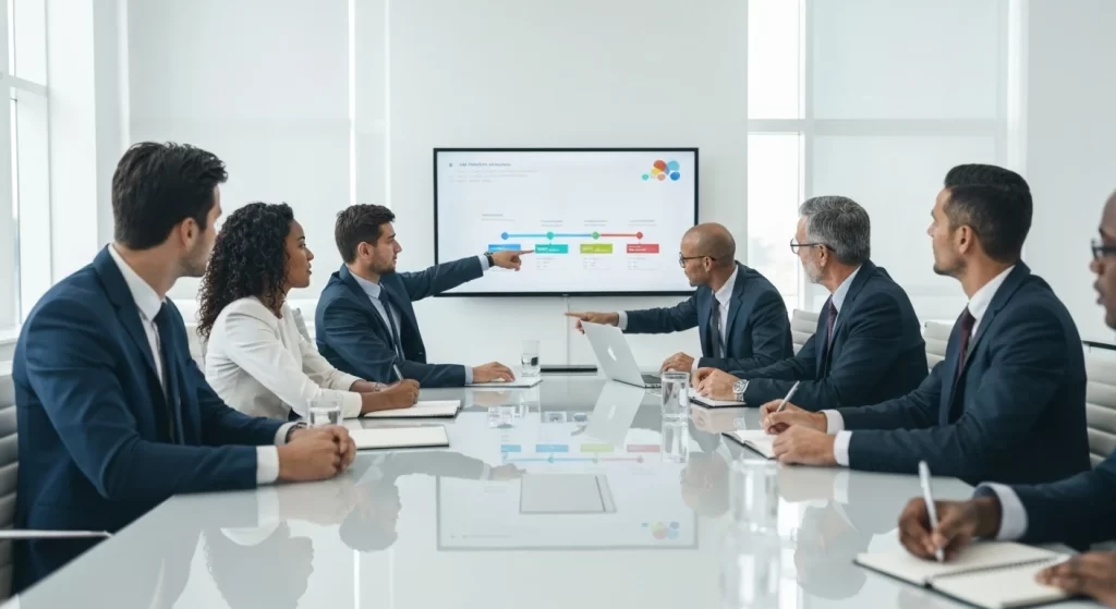 Project team members collaborating around a table, reviewing a project timeline on-screen.