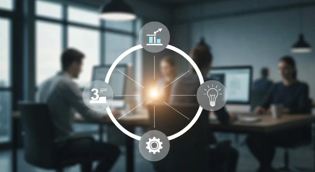 Project objectives diagram for Siemens NX showing 3D model, gears, checklist and lightbulb icons.