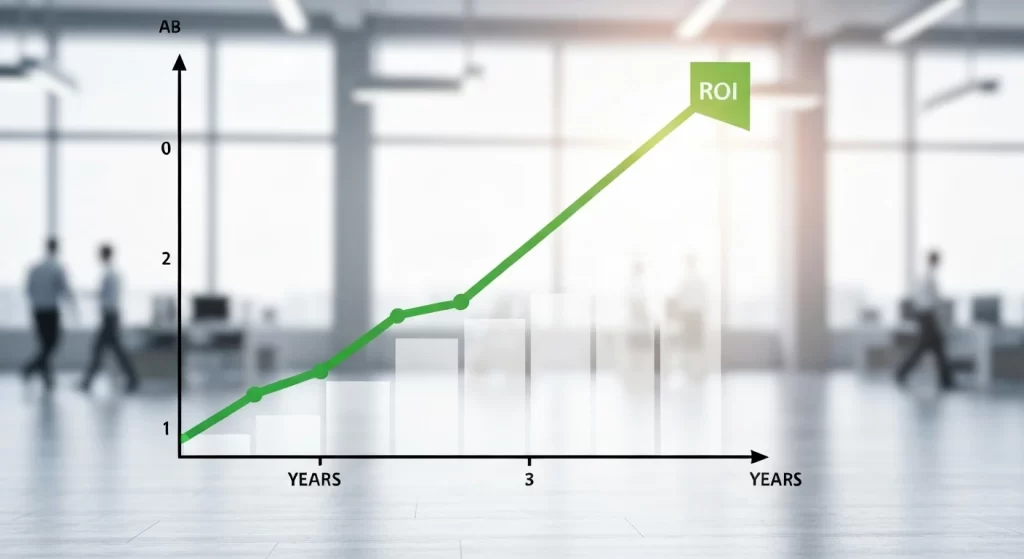 Line graph showing return on investment for NX implementation increasing over time.