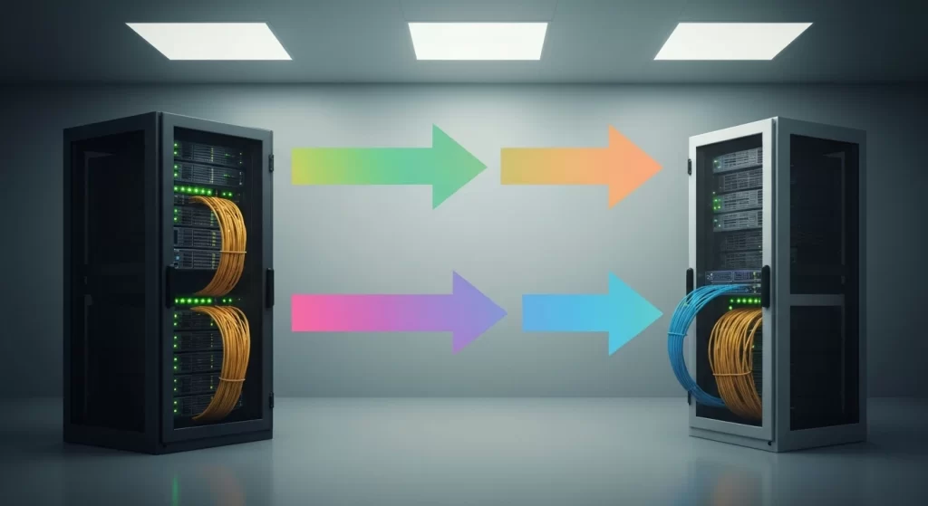 Diagram showing data migration: arrows flow from source server racks to a target rack.