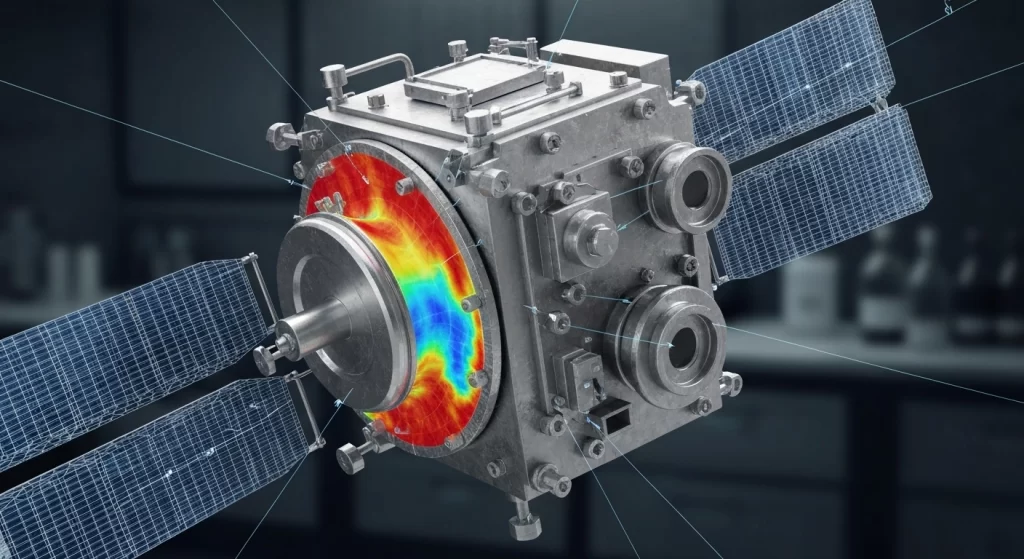 Simulation showing vibrational stress analysis on a satellite in NX Nastran software.