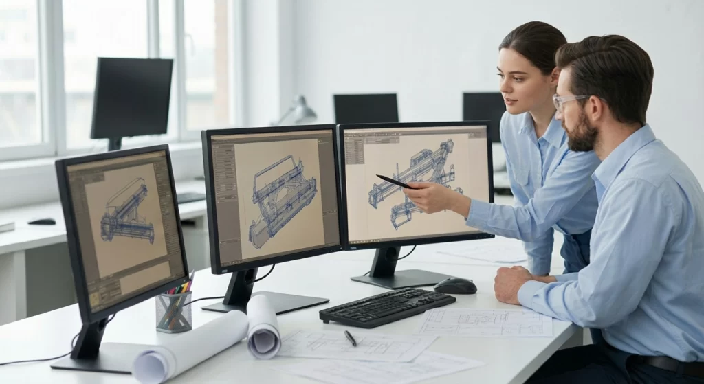 Engineers using NX Migration software examining a 3D CAD model of farm machinery.