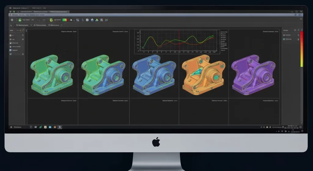 Computer screen showing parametric design optimization of an engine mount in simulation software.
