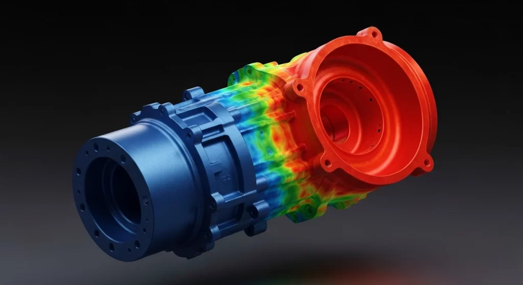 Simulation of a mechanical part displaying stress and deformation analysis using color-coded heatmap.