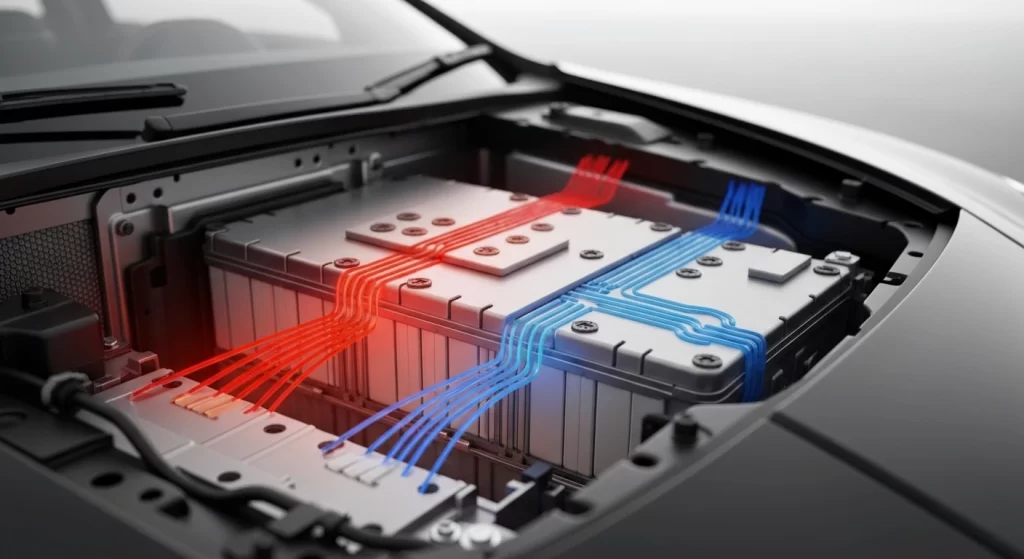 Cutaway view of car battery showing thermal simulation and cooling system optimization.