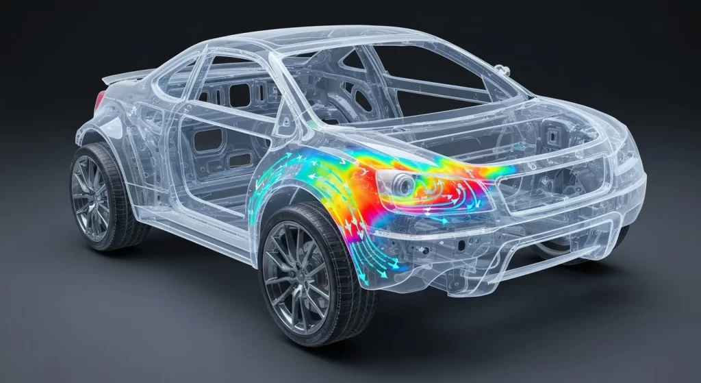 Fluid flow simulation on a car chassis, visualizing aerodynamic performance with a colored heatmap.