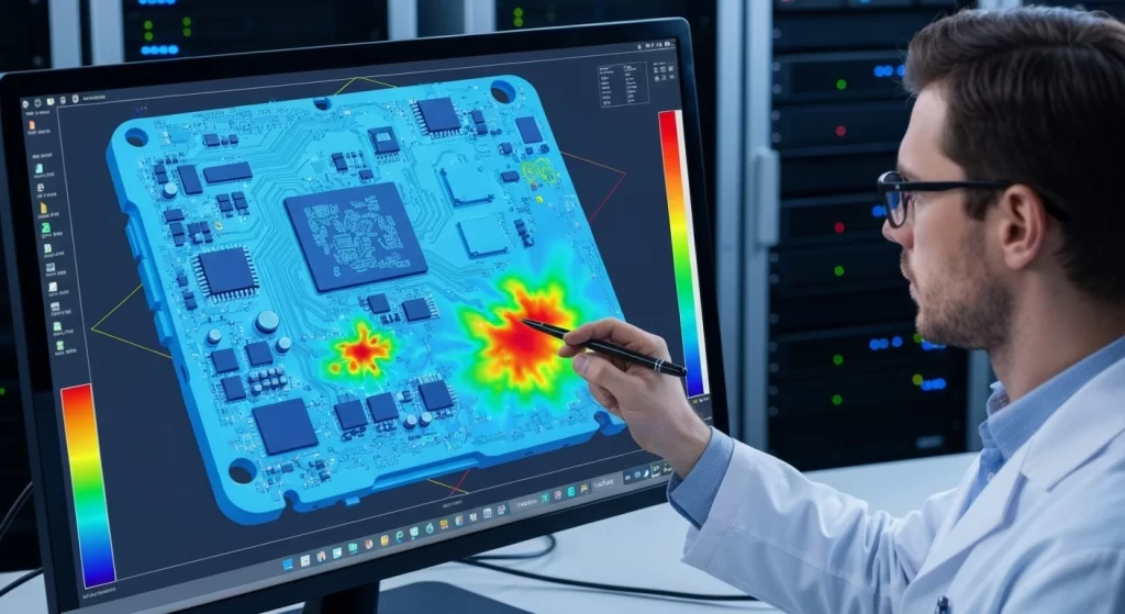 Engineer analyzing a thermal simulation of a mobile phone motherboard on a computer screen.